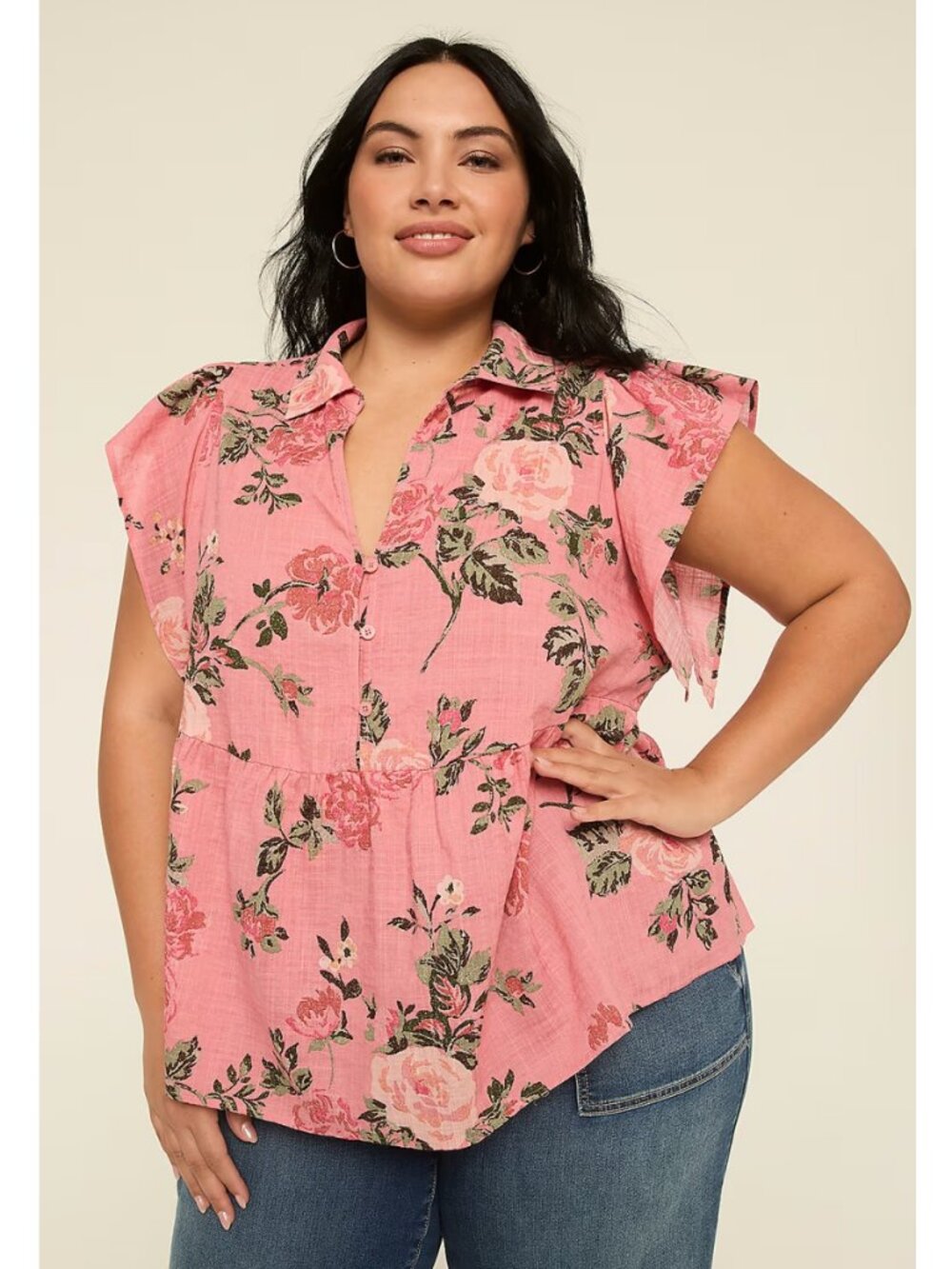 Lane Bryant 22/24 Pink Roses Flutter-Sleeve Babydoll Top